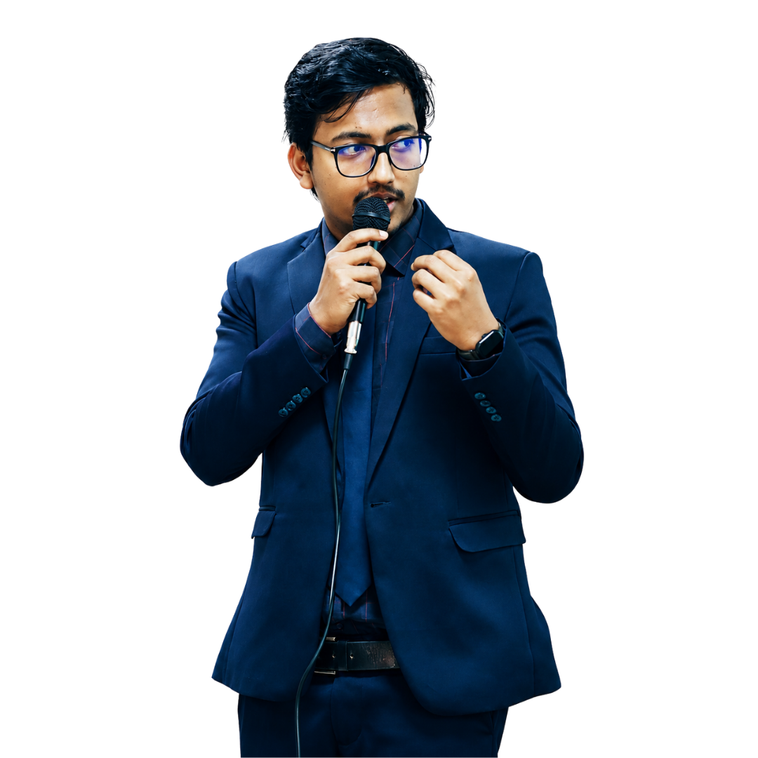 Arpan Samadder speaking with a microphone